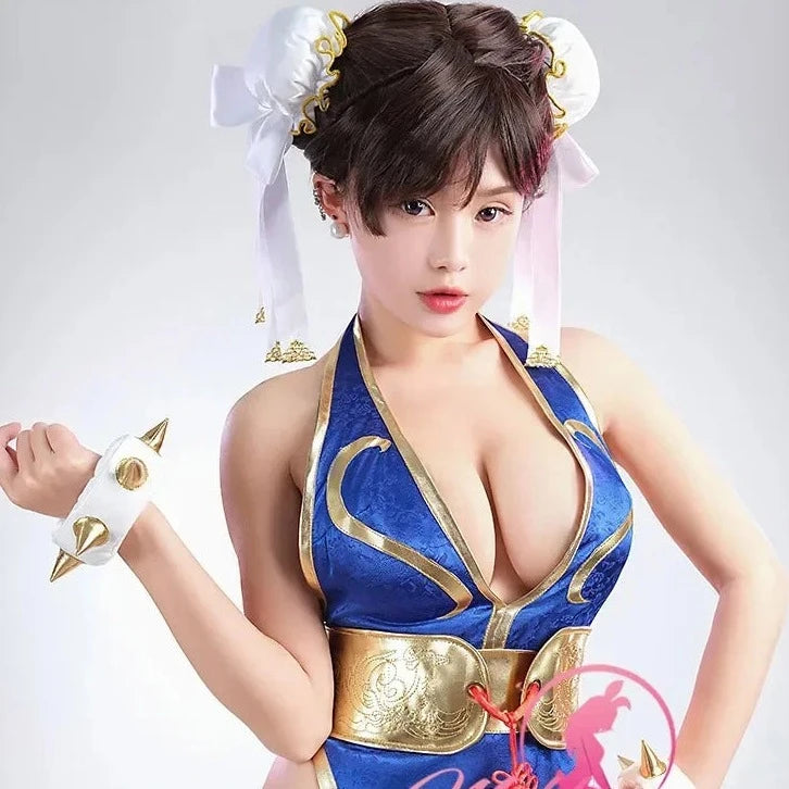 Mobbunny Women Cheongsam Sexy Lingerie Set Chun Li Derivative Deep V High Slit Dress with Belt Hand Rings