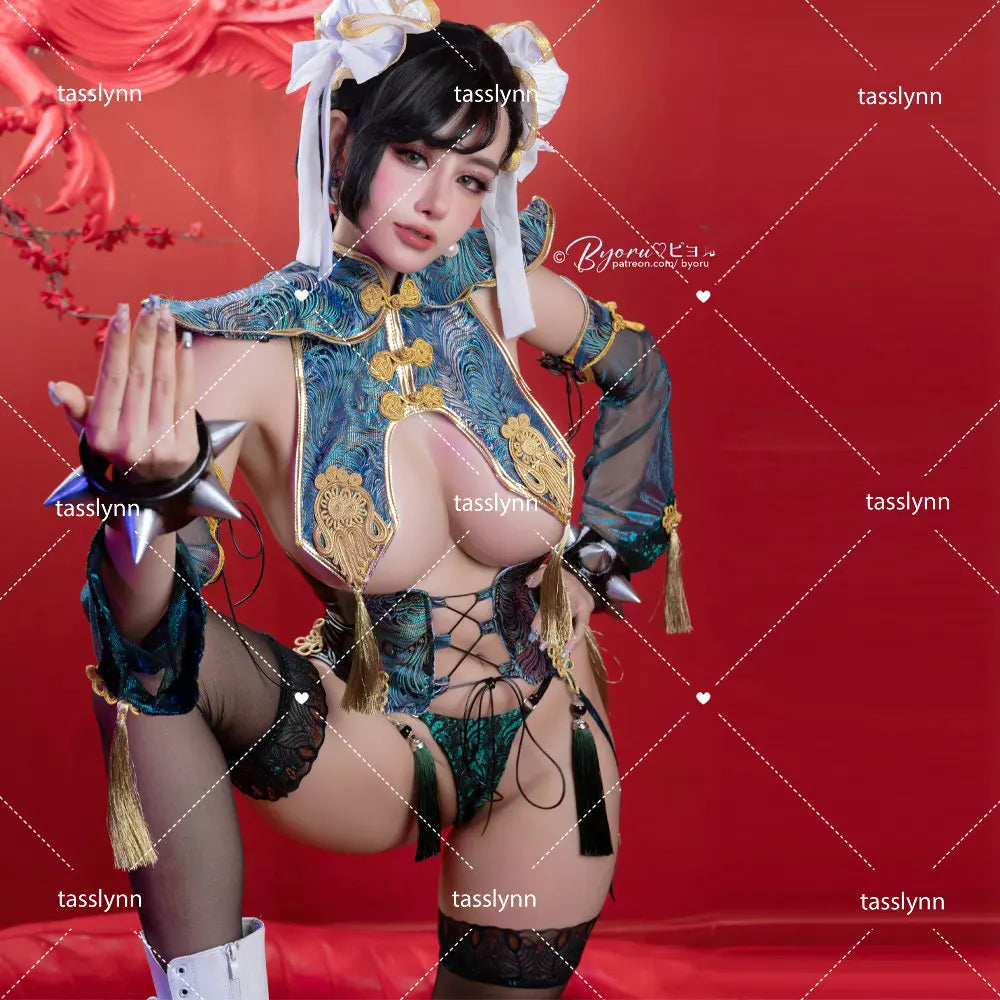 Games Chun Li Cosplay Costumes Halloween Party Sutorito Faita Blue Cheongsam Dress