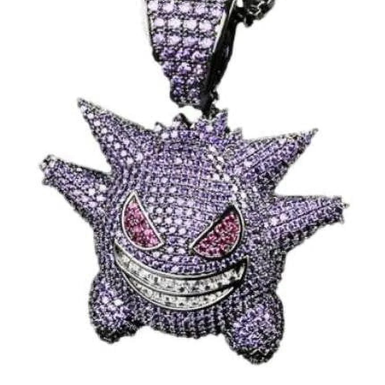 【Licencia oficial】Collar con colgante de metal de Pokémon Gengar con diamantes de imitación morados.