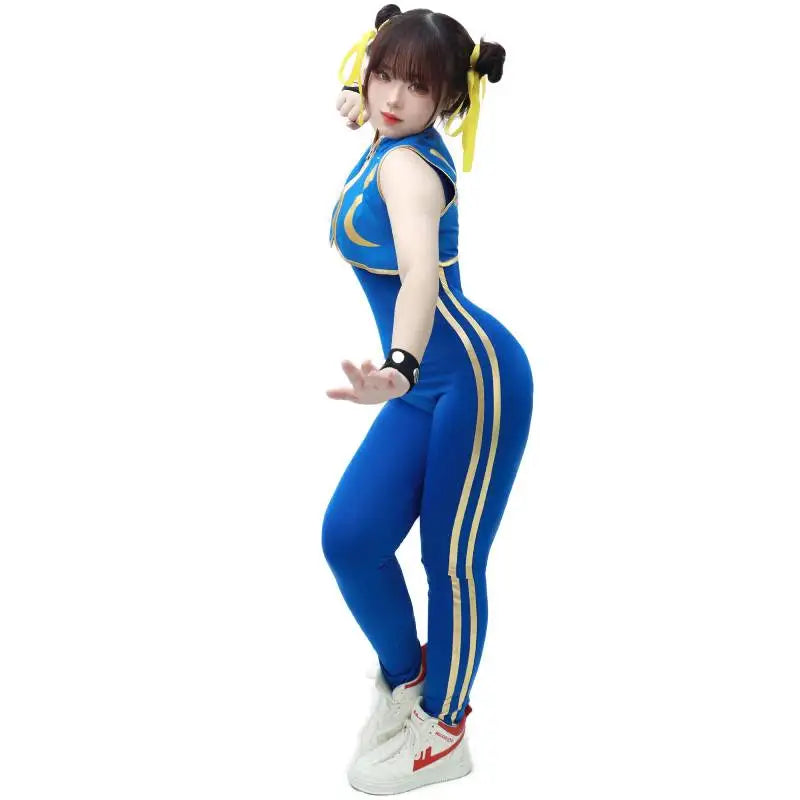 DAZCOS Spiele Chun Li Cosplay Kostüm Blauer Body Kampfspiel Bodys Damen Mädchen Chun-Li Anzug mit Armband und Haargummis