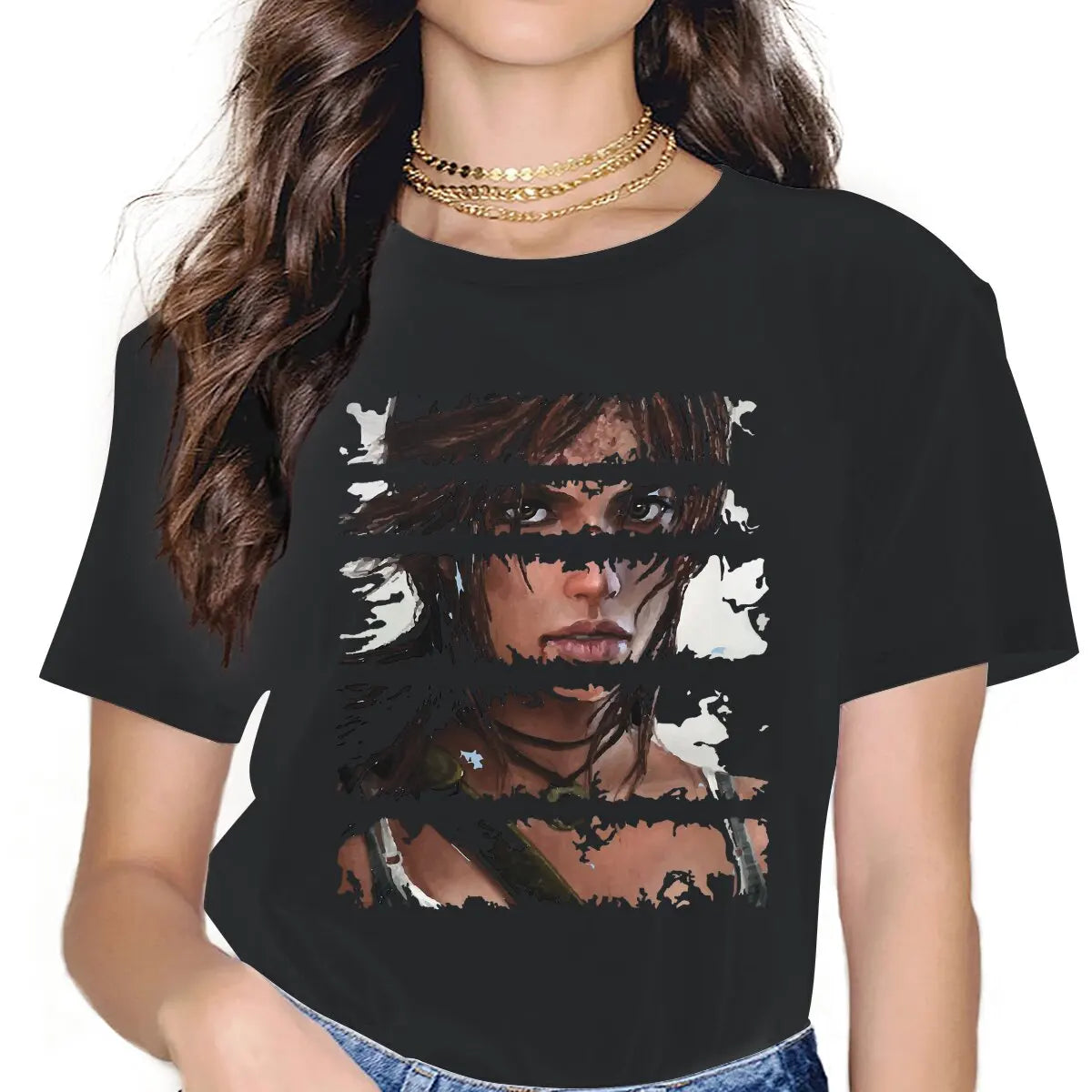 Camisetas rasgadas de Lara Croft para mujer, camisetas de juego Tomb Raider, camisetas únicas de manga corta con cuello redondo, camisetas recién llegadas