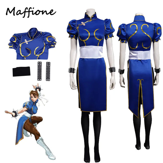 Chun Li Cosplay Kleid Kostüm Spiel SF Rolle Spielen Blaue Röcke Outfit Frauen Full Set Weibliche Halloween Party Disguise Anzug für Dame