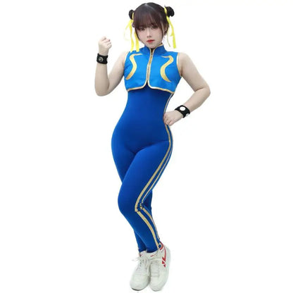 DAZCOS Spiele Chun Li Cosplay Kostüm Blauer Body Kampfspiel Bodys Damen Mädchen Chun-Li Anzug mit Armband und Haargummis