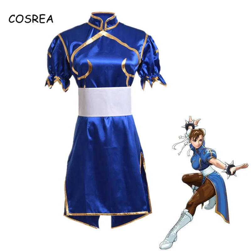 Spiele Chun Li Cosplay Kostüme Halloween Party Sutorito Faita Blau Cheongsam Kleid Gürtel Kopfbedeckungen Mit Frauen Mädchen Kleidung