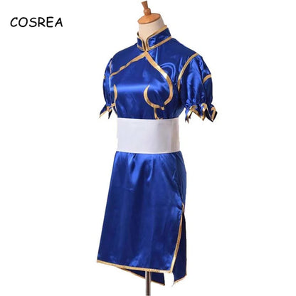 Spiele Chun Li Cosplay Kostüme Halloween Party Sutorito Faita Blau Cheongsam Kleid Gürtel Kopfbedeckungen Mit Frauen Mädchen Kleidung