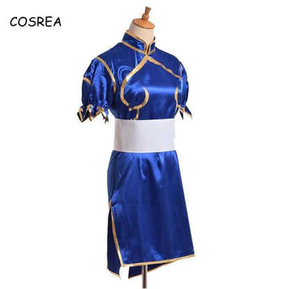 Spiele Chun Li Cosplay Kostüme Halloween Party Sutorito Faita Blau Cheongsam Kleid Gürtel Kopfbedeckungen Mit Frauen Mädchen Kleidung