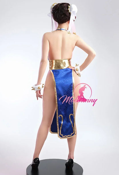 Mobbunny Damen Cheongsam Sexy Dessous-Set Chun Li Derivative tiefes V-Kleid mit hohem Schlitz und Gürtel-Handringen