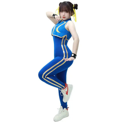 DAZCOS Spiele Chun Li Cosplay Kostüm Blauer Body Kampfspiel Bodys Damen Mädchen Chun-Li Anzug mit Armband und Haargummis