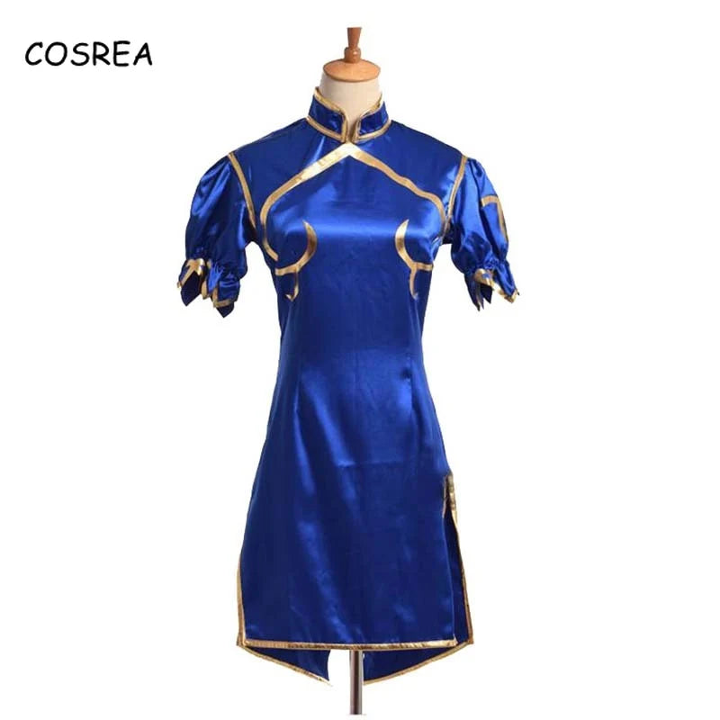 Spiele Chun Li Cosplay Kostüme Halloween Party Sutorito Faita Blau Cheongsam Kleid Gürtel Kopfbedeckungen Mit Frauen Mädchen Kleidung