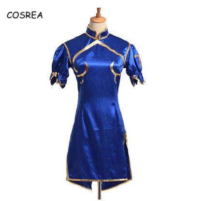 Spiele Chun Li Cosplay Kostüme Halloween Party Sutorito Faita Blau Cheongsam Kleid Gürtel Kopfbedeckungen Mit Frauen Mädchen Kleidung