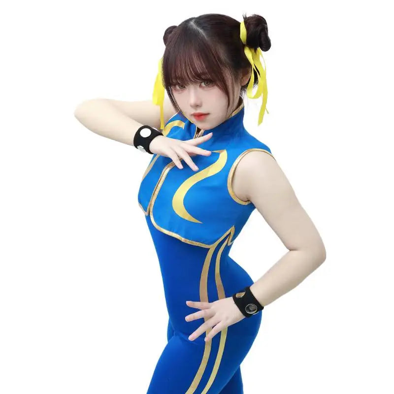 DAZCOS Spiele Chun Li Cosplay Kostüm Blauer Body Kampfspiel Bodys Damen Mädchen Chun-Li Anzug mit Armband und Haargummis