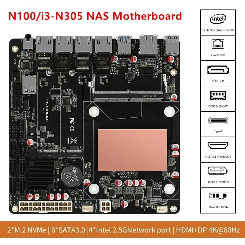 6-Bay i3-N305 N100 NAS MOBO Motherboard 12th Gen Intel 4x i226-V 2.5G 2*NVMe 6*SATA3.0 DDR5 Mini ITX Router Mainboard PCIex1