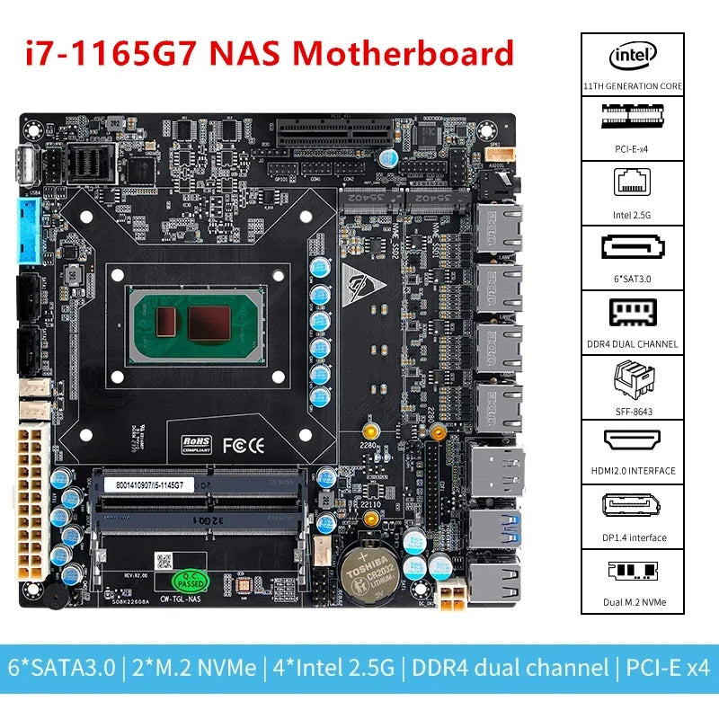 Topton 4x i226 2.5G NAS Motherboard 11th Gen Intel i7 1165G7 i5 1135G7 6 Bay 6xSATA 2xM.2 NVMe PCIEx4 Mini ITX Firewall Board