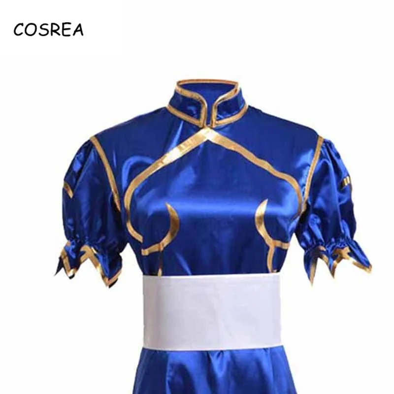 Spiele Chun Li Cosplay Kostüme Halloween Party Sutorito Faita Blau Cheongsam Kleid Gürtel Kopfbedeckungen Mit Frauen Mädchen Kleidung