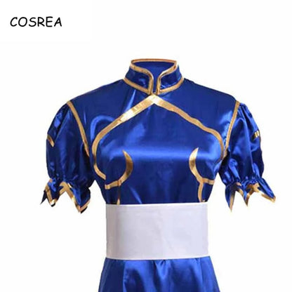 Spiele Chun Li Cosplay Kostüme Halloween Party Sutorito Faita Blau Cheongsam Kleid Gürtel Kopfbedeckungen Mit Frauen Mädchen Kleidung