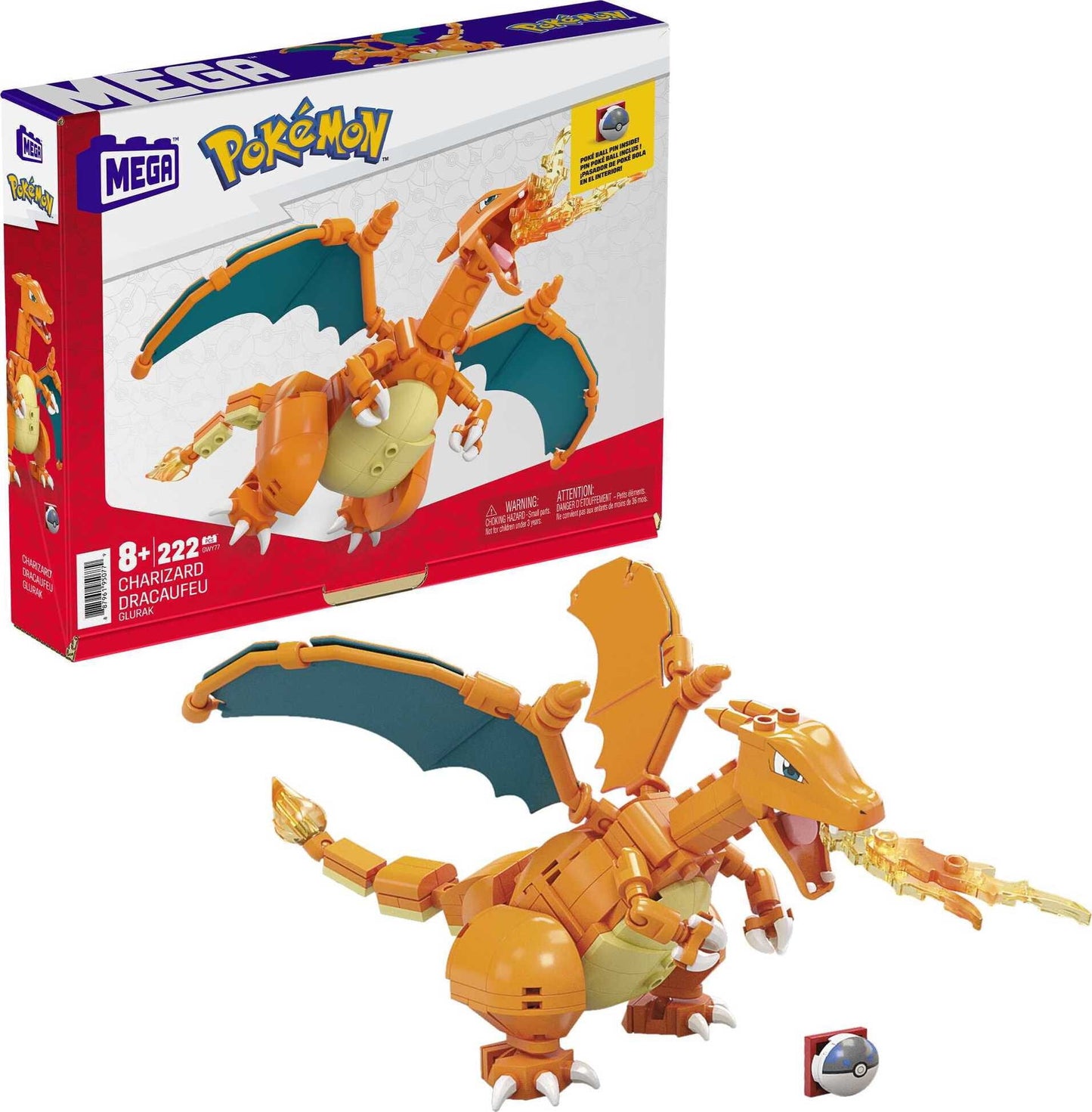 【Offiziell lizenziert】MEGA Pokemon Bauspielzeug-Set Glurak (222 Teile) mit 1 Actionfigur für Kinder