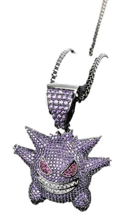 【Licencia oficial】Collar con colgante de metal de Pokémon Gengar con diamantes de imitación morados.